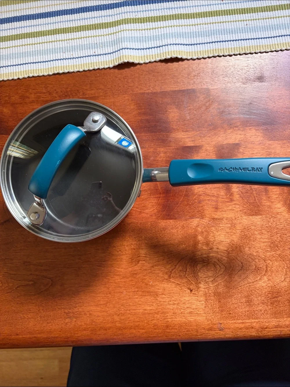 Rachael Ray Porcelain 1 Quart Teal- Green Saucepan with Glass Lid. NonStick
